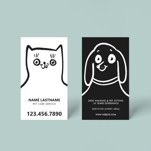 Fun Cat Dog Hand Drawn Black White Pet Service Business Card