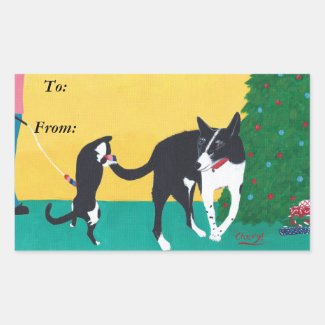 Fun Cat Dog Playing Christmas Tree To From Sticker