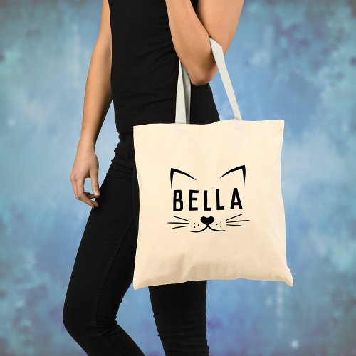 Fun Cat Face with Custom Name Canvas Tote Bag