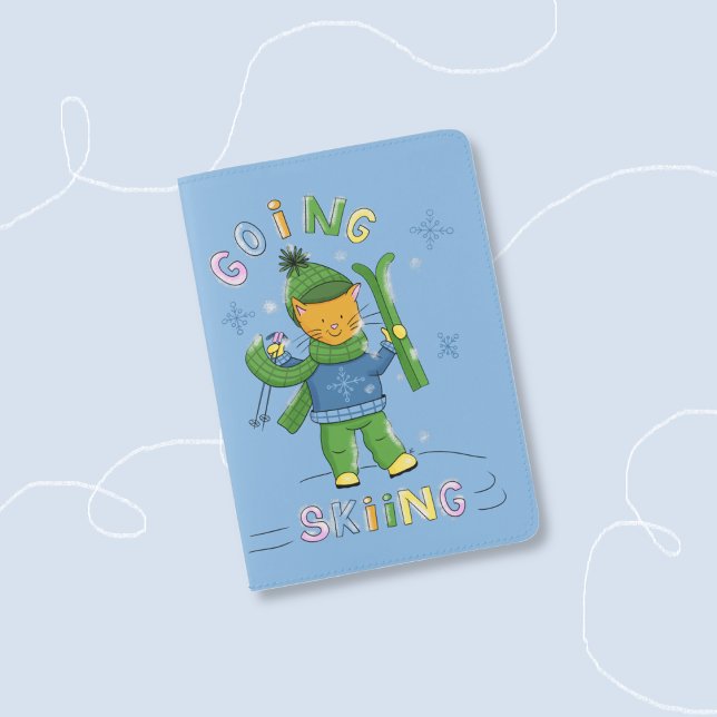 Fun Cat Going Skiing Kid Blue Passport Holder (Fun cartoon cat going skiing kid blue passport holder . )