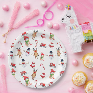 Fun cat kitty Santa animal snowman Sled Xmas tree Paper Plates