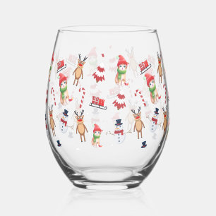 Fun cat kitty Santa animal snowman Sled Xmas tree Stemless Wine Glass