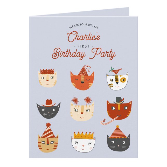 Fun Cat Personalized 1st Birthday Party Invitation (Fun kitty cat first birthday party invitation with custom text)