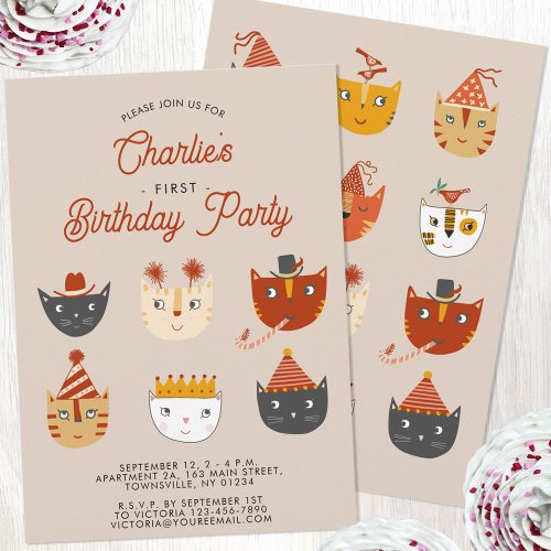 Fun Cat Personalized 1st Birthday Party Invitation