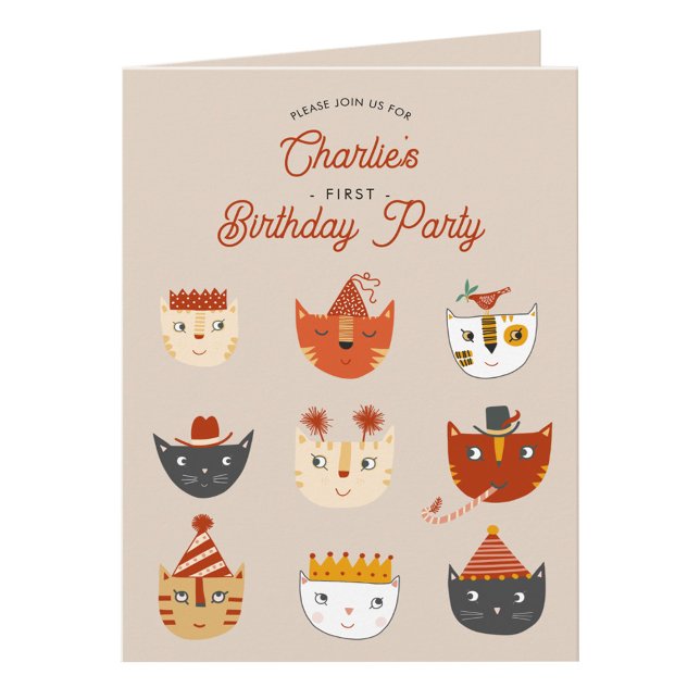 Fun Cat Personalized 1st Birthday Party Invitation (Cute kitty cat personalized first birthday party invitation)