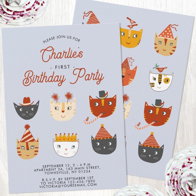 Fun Cat Personalized 1st Birthday Party Invitation (Personalized cute kitty cat first birthday party invitation)