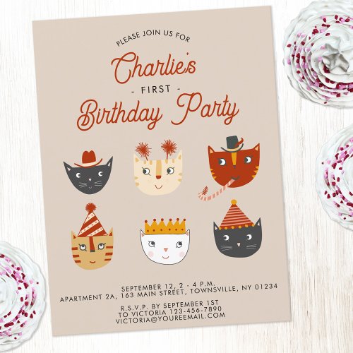 Fun Cat Personalized 1st Birthday Party Invitation Postcard
