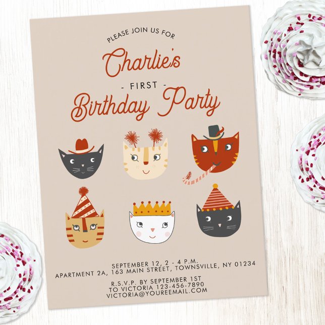 Fun Cat Personalized 1st Birthday Party Invitation Postcard (Personalized cute cat first birthday party invitation)