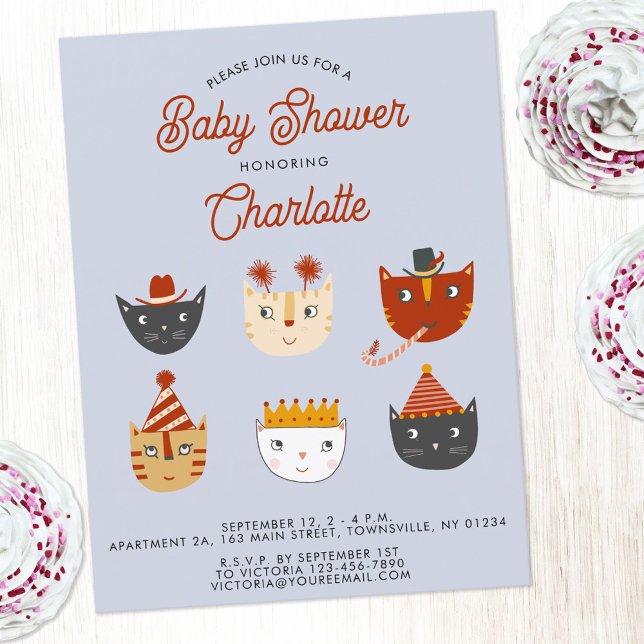 Fun Cat Personalized Baby Shower Invitation Postcard (Cute kitty cat personalized gender neutral girl or boy baby shower invitation postcard)