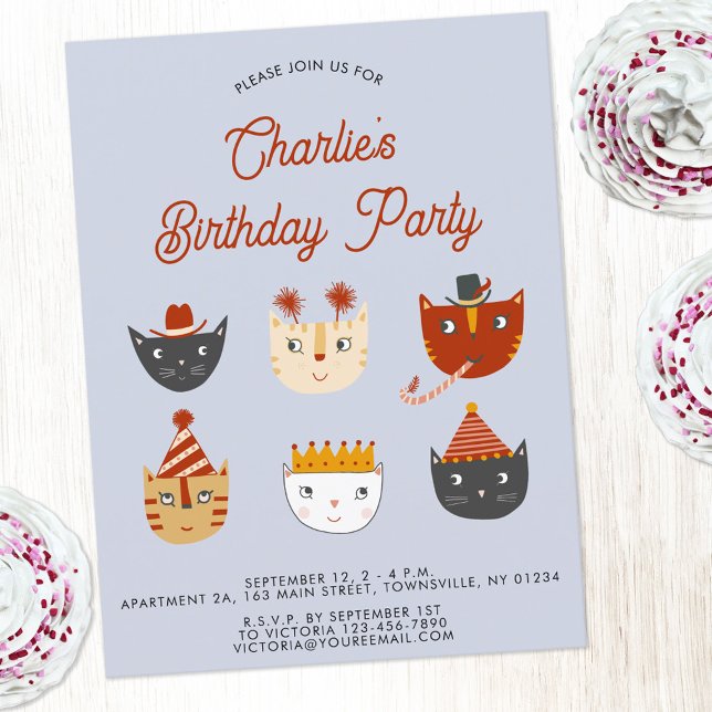Fun Cat Personalized Birthday Party Invitation Postcard (Fun kitty cat themed birthday party invitation postcard with custom text)