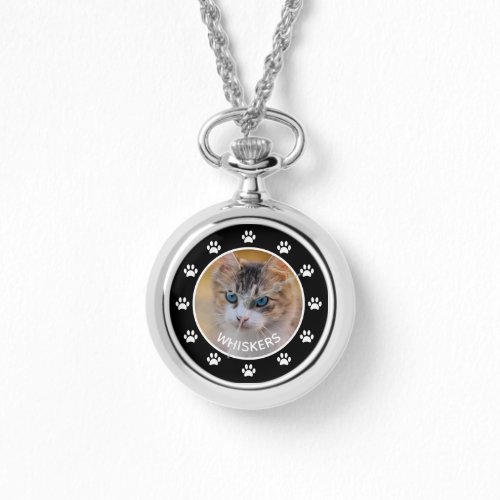 Fun Cat Photo Pet Name Paw Prints Custom Watch