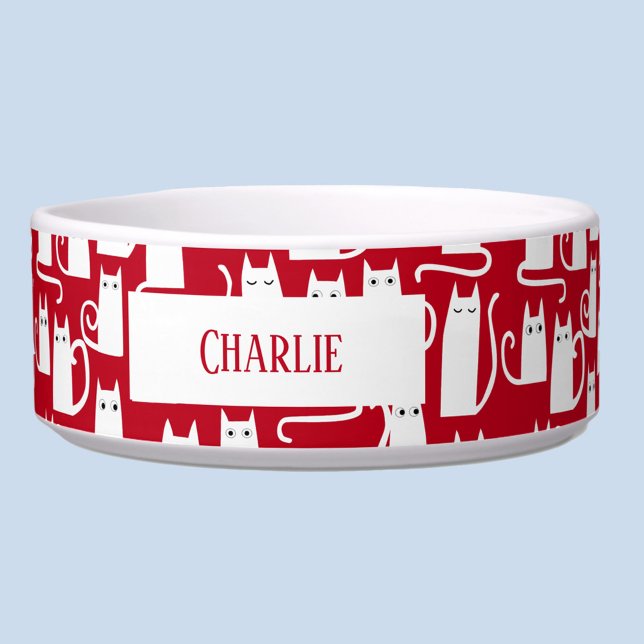 Fun Cat Red and White Personalized Bowl (Red and white personalized name cat pattern pet bowl)