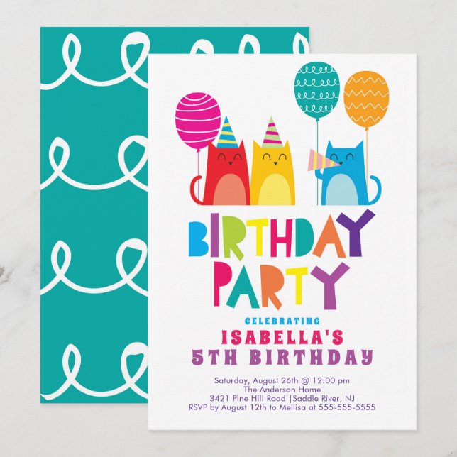 Fun Cats Birthday Party Invitation (Front/Back)