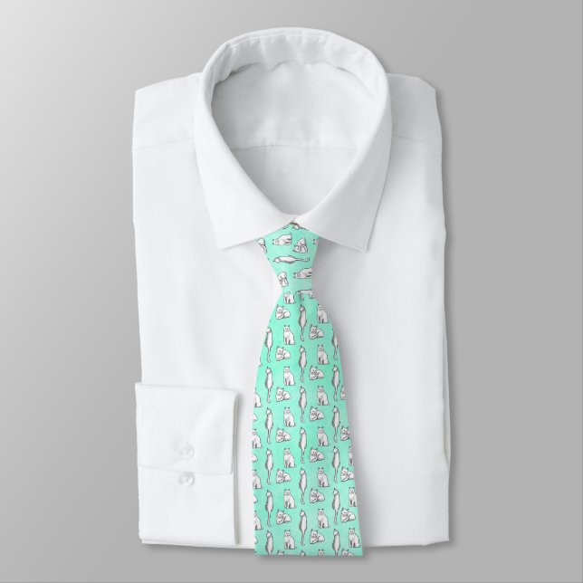 Fun cats pattern hand drawn teal neck tie (Tied)