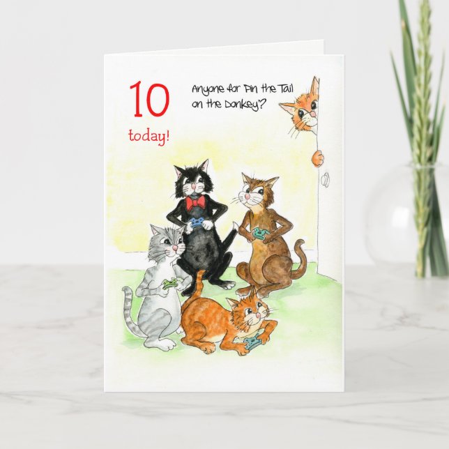 Fun Cats Playing Video Game 10th Birthday Card (Front)