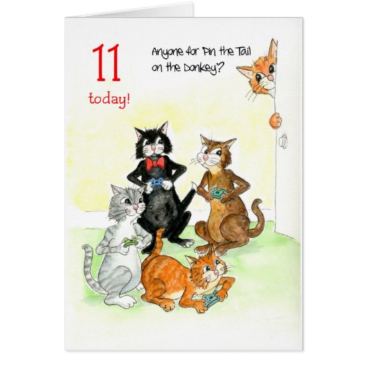 Fun Cats Playing Video Game 11th Birthday Cards (Front)
