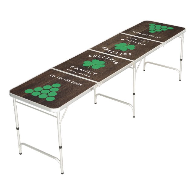 Fun Celtic Irish Shamrock Family Name Green Rustic Beer Pong Table (Angled)