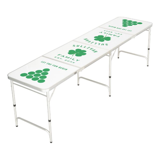 Fun Celtic Irish Shamrock Family Name White Green Beer Pong Table (Angled)