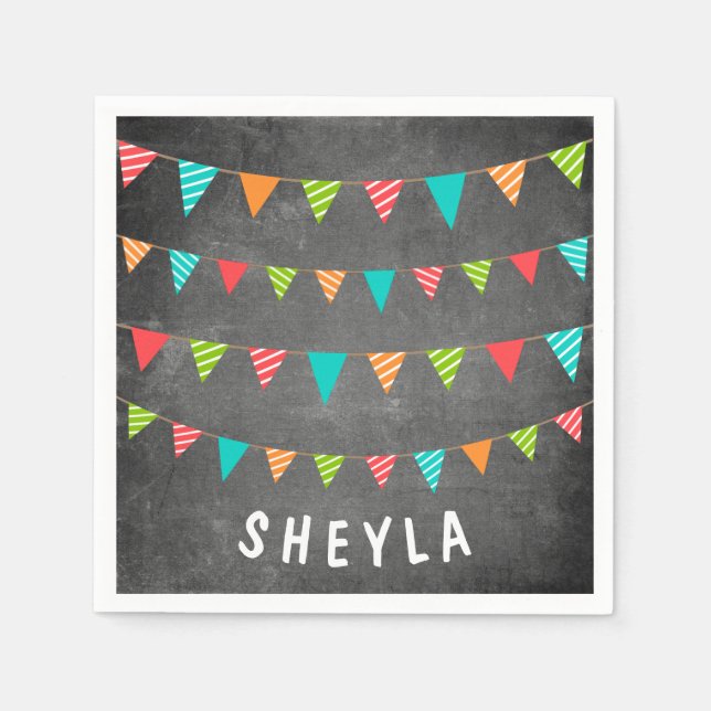 Fun Chalkboard Bunting Flags Name Birthday Party Napkins (Front)