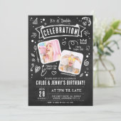 Fun Chalkboard Doodle Double Celebration Birthday Invitation (Standing Front)