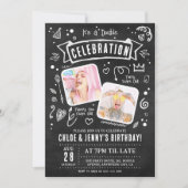 Fun Chalkboard Doodle Double Celebration Birthday Invitation (Front)