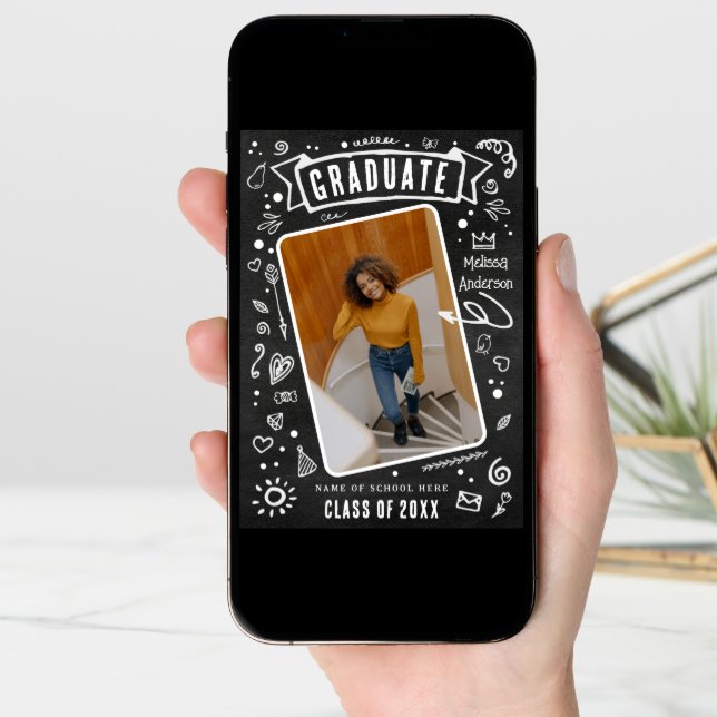 Fun Chalkboard Doodle Photo Graduation  Announcement (Front Digital)