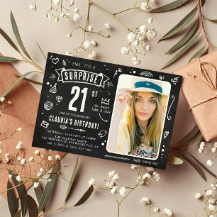 Fun Chalkboard Doodle Photo Surprise 21st Birthday Invitation