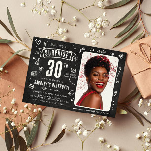 Fun Chalkboard Doodle Photo Surprise 30th Birthday Invitation