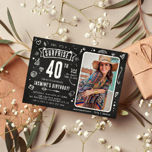 Fun Chalkboard Doodle Photo Surprise 40th Birthday Invitation