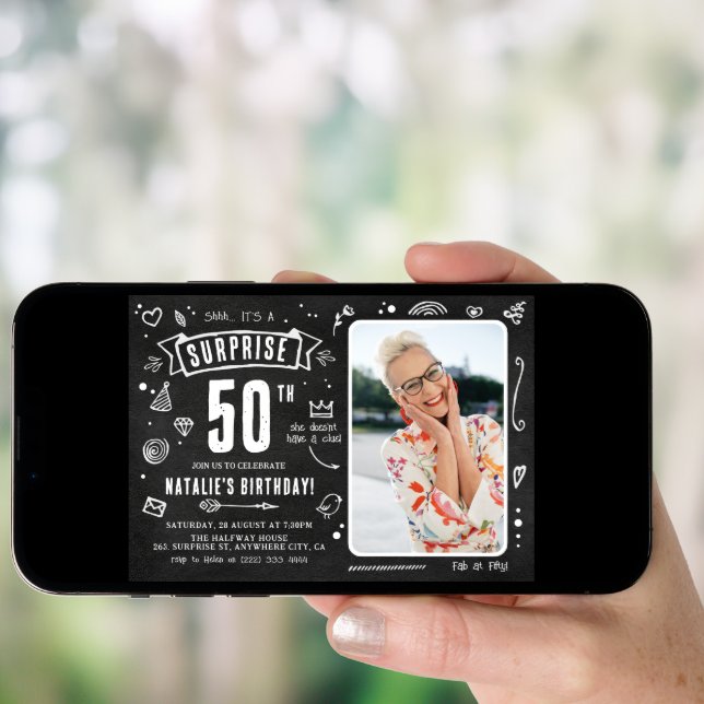 Fun Chalkboard Doodle Photo Surprise 50th Birthday Invitation (Front Digital)
