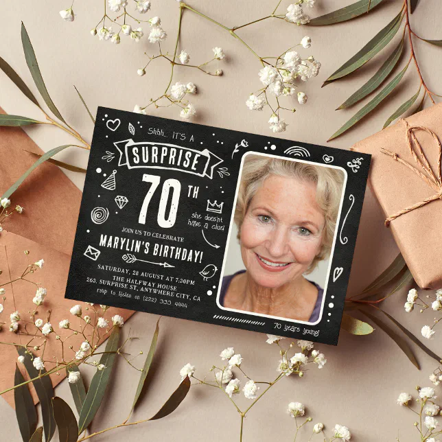 Fun Chalkboard Doodle Photo Surprise 70th Birthday Invitation | Zazzle