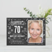 Fun Chalkboard Doodle Photo Surprise 70th Birthday Invitation (Standing Front)