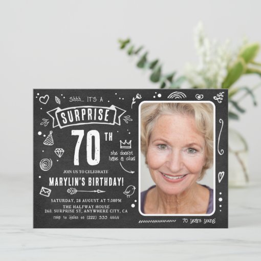 Fun Chalkboard Doodle Photo Surprise 70th Birthday Invitation | Zazzle