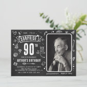 Fun Chalkboard Doodle Photo Surprise 90th Birthday Invitation (Standing Front)