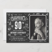 Fun Chalkboard Doodle Photo Surprise 90th Birthday Invitation (Front)