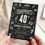 Fun Chalkboard Doodle Surprise 40th Birthday Invitation<br><div class="desc">Wow your friends and family with this unique and fun chalkboard doodle 'Shhh... It's a Surprise' 40th Birthday Party Invitation. The rustic blackboard background and cute hand-drawn chalk illustrations make it a perfect fit for any birthday surprise. Easily customize with your event details for a memorable celebration!</div>