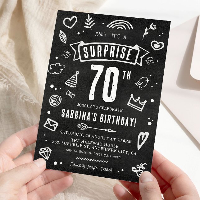 Fun Chalkboard Doodle Surprise 70th Birthday Invitation (Creator Uploaded)