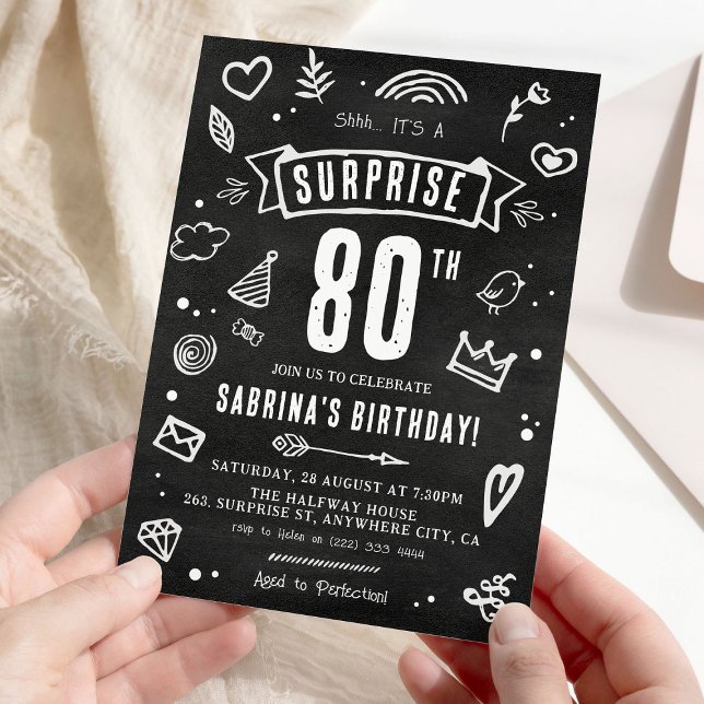 Fun Chalkboard Doodle Surprise 80th Birthday Invitation (Creator Uploaded)