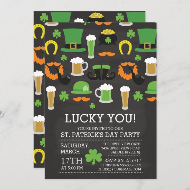 Fun Chalkboard St Patrick's Day Dinner Party Invitation (Front/Back)