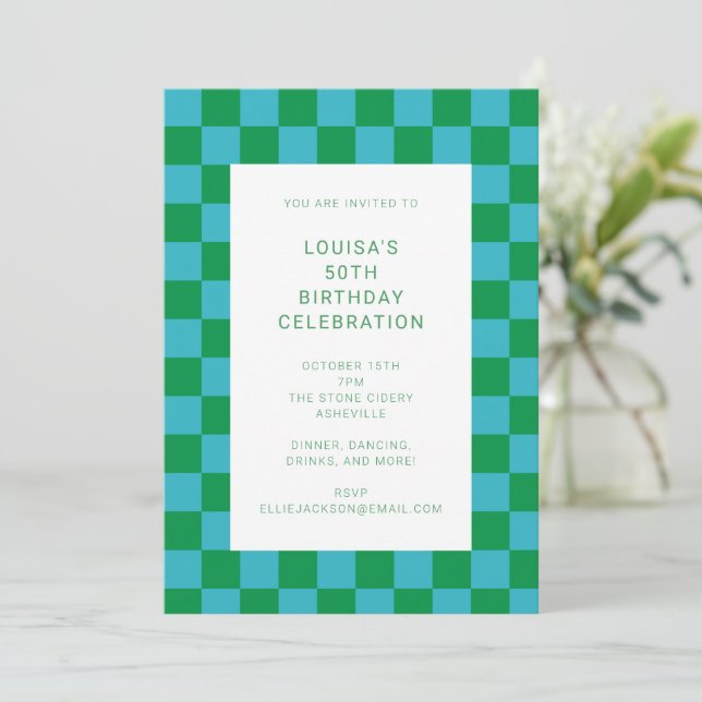 Fun Checkerboard Blue Green Geometric Birthday Invitation (Standing Front)