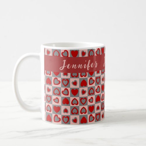 Fun Checkerboard Heart Red Gray Monogram Custom Coffee Mug