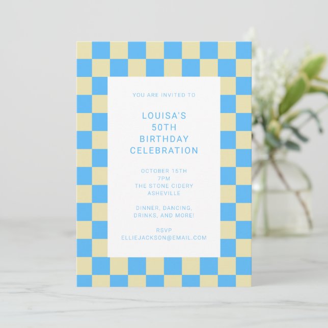 Fun Checkerboard Light Blue Geometric Birthday Invitation (Standing Front)