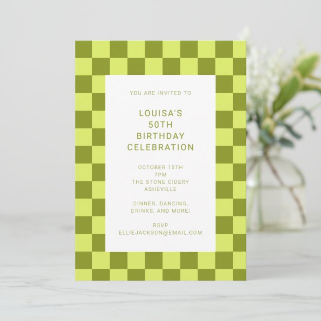 Fun Checkerboard Olive Lime Geometric Birthday Invitation (Standing Front)