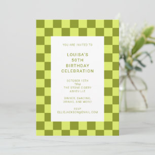 Fun Checkerboard Olive Lime Geometric Birthday Invitation