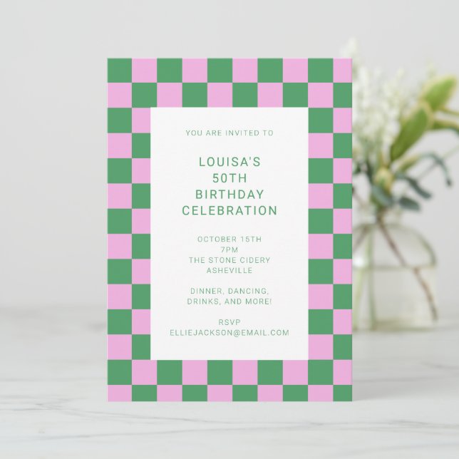 Fun Checkerboard Pink Green Geometric Birthday Invitation (Standing Front)