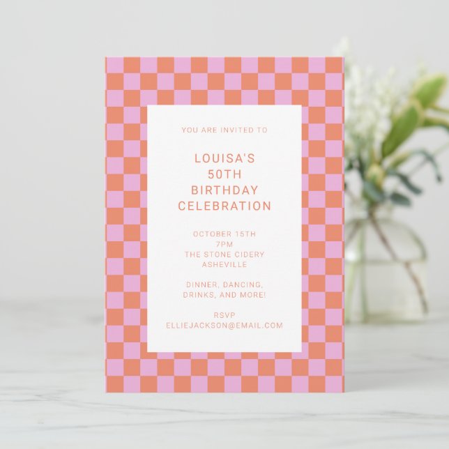 Fun Checkerboard Pink Orange Geometric Birthday Invitation (Standing Front)