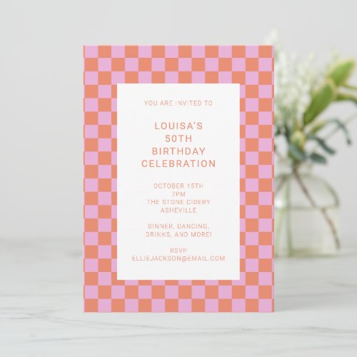 Fun Checkerboard Pink Orange Geometric Birthday Invitation