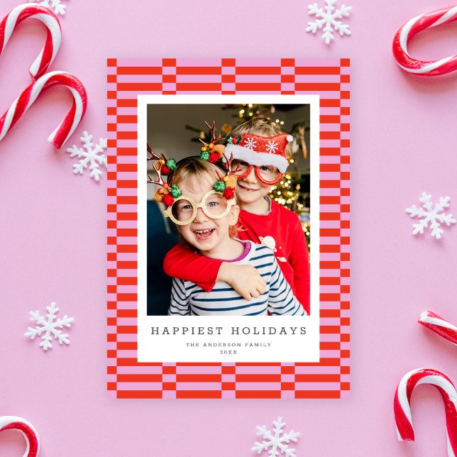 Fun Checkered Customizable Color 1 Photo PINK Holiday Card (Creator Uploaded)