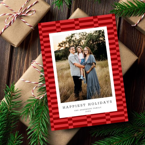 Fun Checkered Customizable Color 1 Photo WARM RED Holiday Card