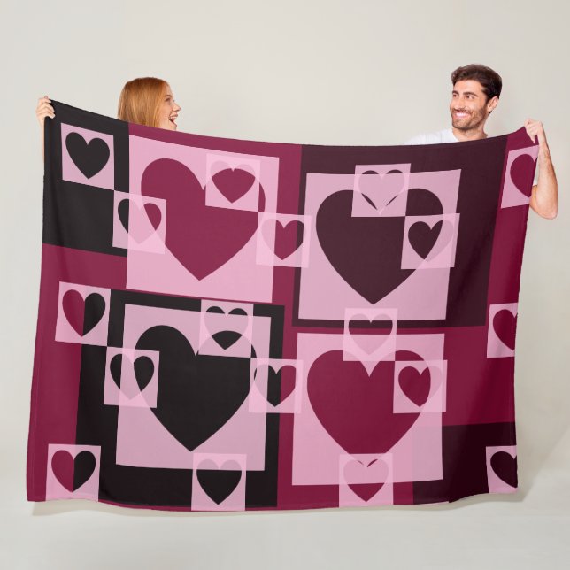 Fun Checkered Hearts Soft Pink and Wine Red Fleece Blanket (In Situ)